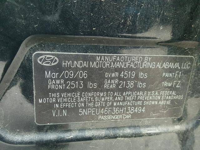 5NPEU46F36H138494 - 2006 HYUNDAI SONATA GLS BLACK photo 10