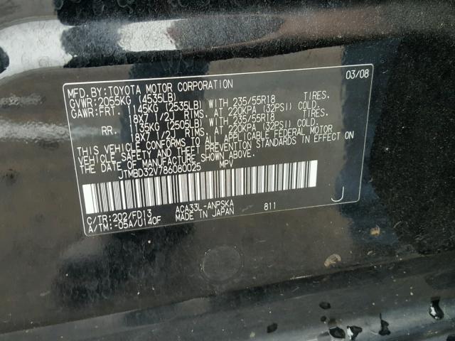 JTMBD32V786080025 - 2008 TOYOTA RAV4 SPORT BLACK photo 10