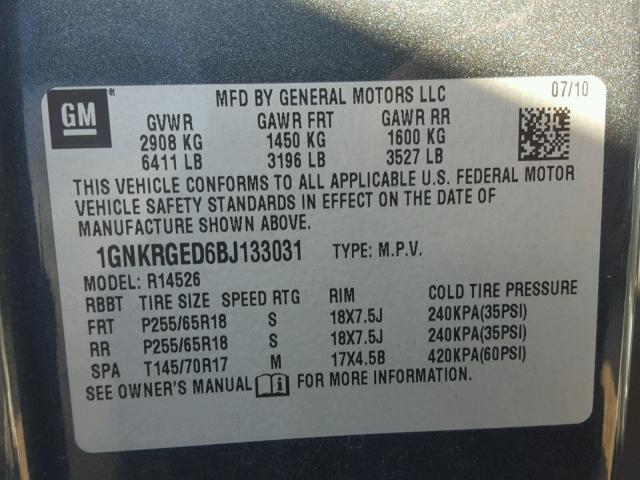 1GNKRGED6BJ133031 - 2011 CHEVROLET TRAVERSE L GRAY photo 10