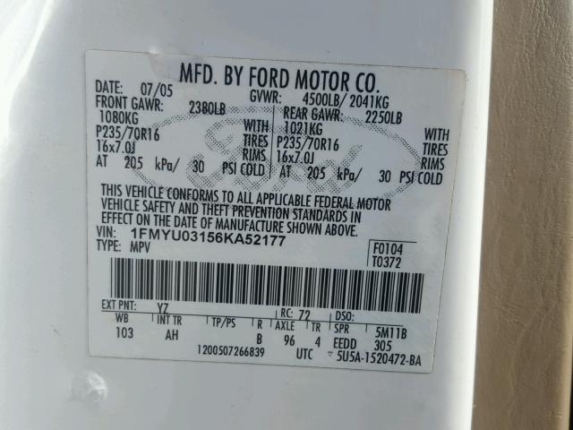 1FMYU03156KA52177 - 2006 FORD ESCAPE XLT WHITE photo 10