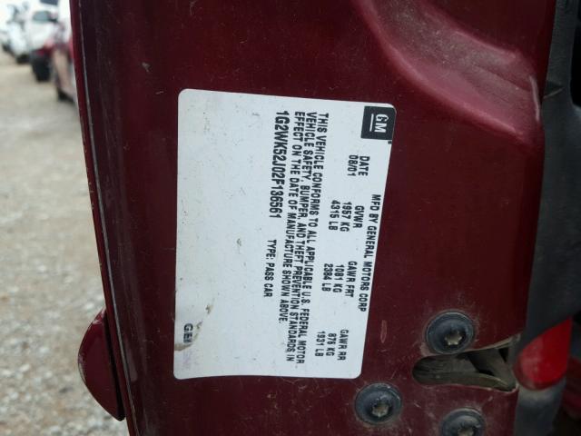 1G2WK52J02F136561 - 2002 PONTIAC GRAND PRIX MAROON photo 10