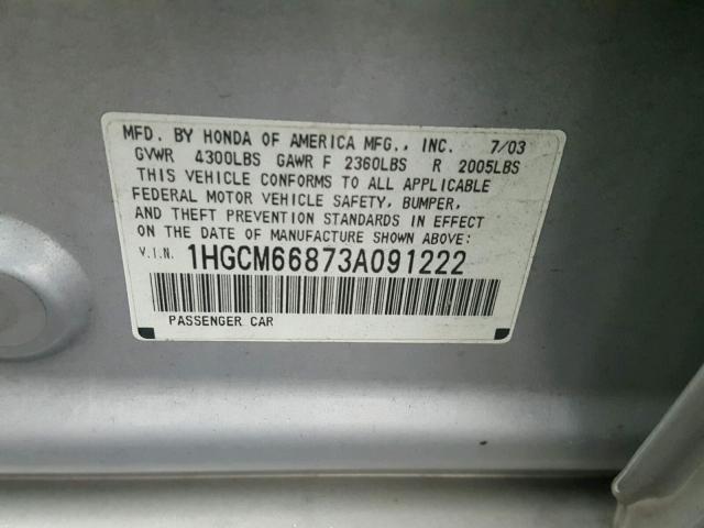 1HGCM66873A091222 - 2003 HONDA ACCORD EX SILVER photo 10