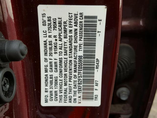 19XFB2F57FE055998 - 2015 HONDA CIVIC LX RED photo 10