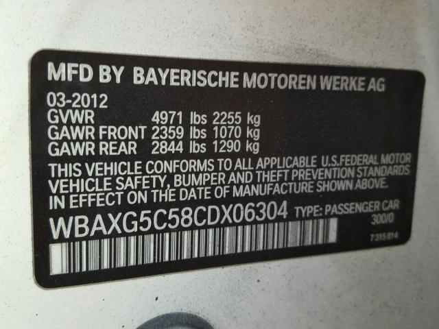 WBAXG5C58CDX06304 - 2012 BMW 528 I WHITE photo 10