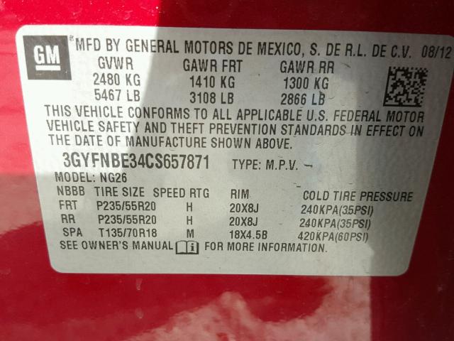 3GYFNBE34CS657871 - 2012 CADILLAC SRX PERFOR 勃艮第红 照片 10