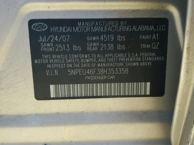 5NPEU46F38H353358 - 2008 HYUNDAI SONATA SE YELLOW photo 10