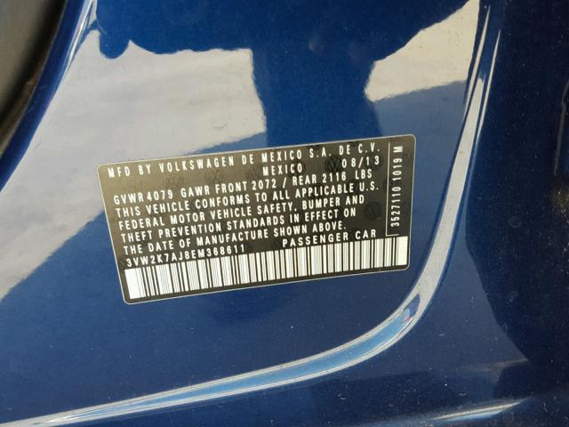 3VW2K7AJ8EM368611 - 2014 VOLKSWAGEN JETTA BASE BLUE photo 10