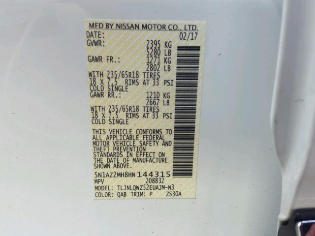 5N1AZ2MH8HN144315 - 2017 NISSAN MURANO WHITE photo 10