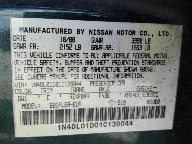 1N4DL01D01C139044 - 2001 NISSAN ALTIMA XE GREEN photo 10