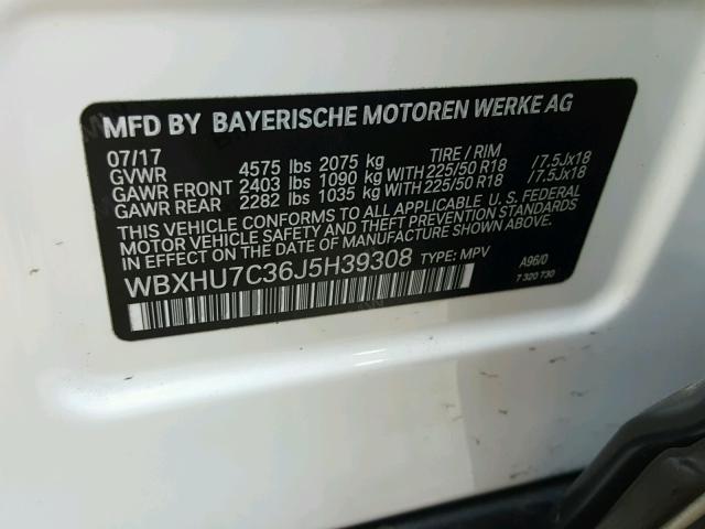 WBXHU7C36J5H39308 - 2018 BMW X1 SDRIVE2 Ақ фото 10