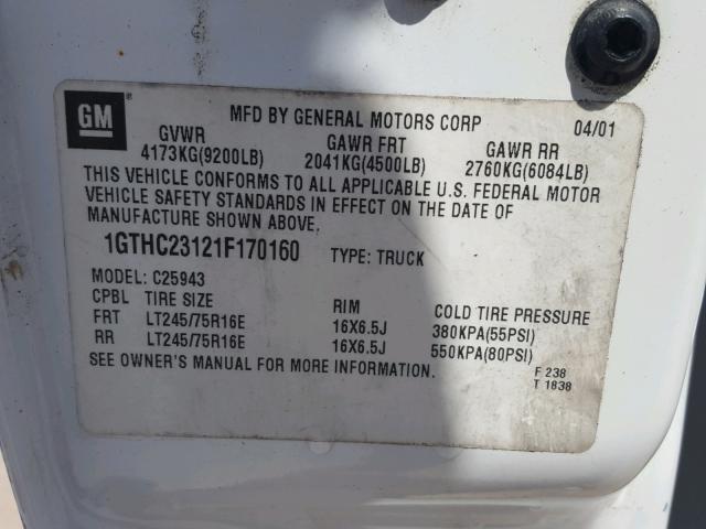 1GTHC23121F170160 - 2001 GMC SIERRA C25 WHITE photo 10