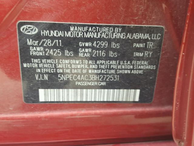 5NPEC4AC3BH272531 - 2011 HYUNDAI SONATA SE RED photo 10