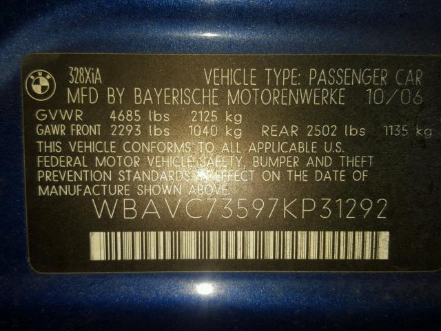 WBAVC73597KP31292 - 2007 BMW 328 XI SUL BLUE photo 10