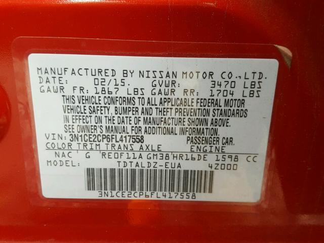 3N1CE2CP6FL417558 - 2015 NISSAN VERSA NOTE RED photo 10