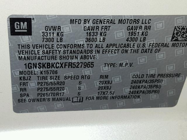 1GNSKBKCXFR527965 - 2015 CHEVROLET TAHOE K150 WHITE photo 10