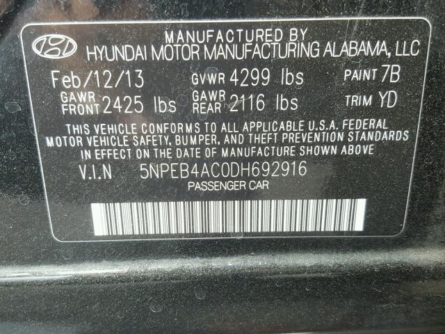 5NPEB4AC0DH692916 - 2013 HYUNDAI SONATA GLS BLACK photo 10