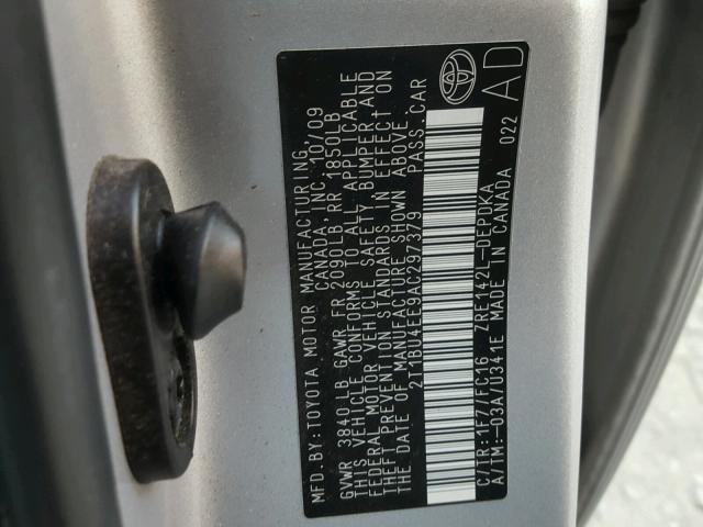 2T1BU4EE9AC297379 - 2010 TOYOTA COROLLA BA SILVER photo 10