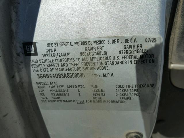 3GNBAADB3AS508598 - 2010 CHEVROLET HHR LS Plata foto 10