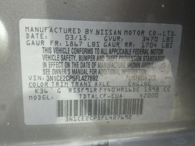 3N1CE2CP5FL427692 - 2015 NISSAN VERSA NOTE SILVER photo 10