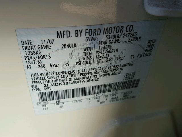 2FMDK38C58BA36462 - 2008 FORD EDGE SEL WHITE photo 10