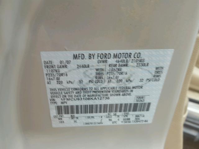 1FMCU93108KA12736 - 2008 FORD ESCAPE XLT BEIGE photo 10