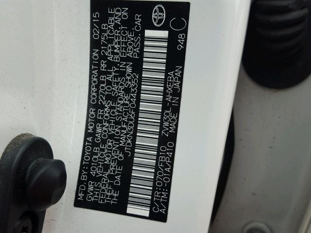 JTDKN3DU6F0443352 - 2015 TOYOTA PRIUS WHITE photo 10