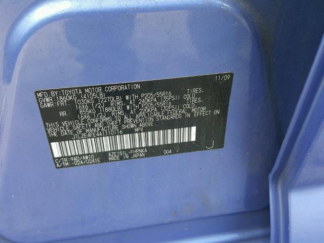 JTLZE4FE4A1110116 - 2010 TOYOTA SCION XB იასამნისფერი ფოტო 10