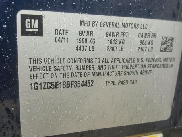 1G1ZC5E18BF354452 - 2011 CHEVROLET MALIBU 1LT ლურჯი ფოტო 10