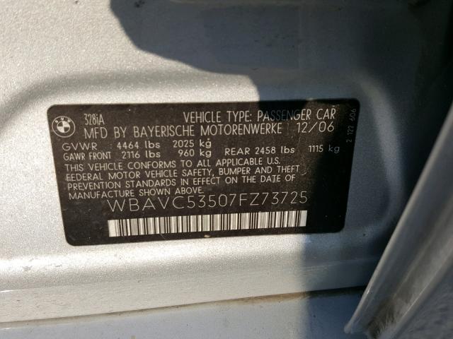 WBAVC53507FZ73725 - 2007 BMW 328 I SULE SILVER photo 10
