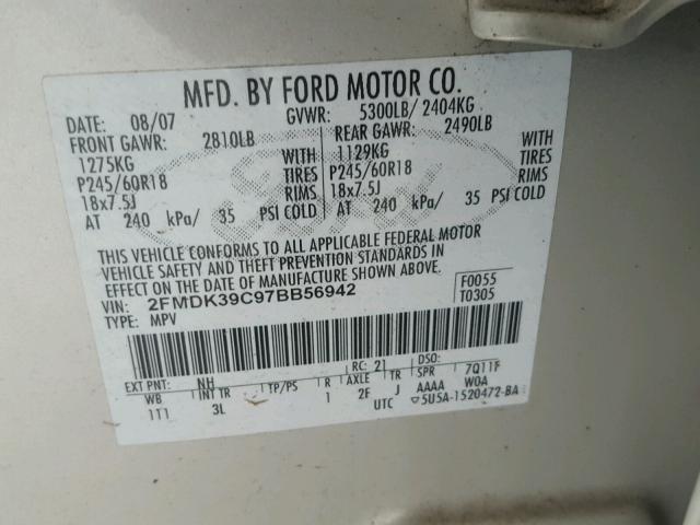2FMDK39C97BB56942 - 2007 FORD EDGE Beyaz fotoğraf 10