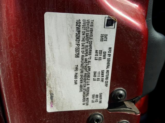 1G2WP52K01F153756 - 2001 PONTIAC GRAND PRIX MAROON photo 10