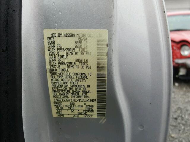 1N6ED26Y14C455492 - 2004 NISSAN FRONTIER K SILVER photo 10