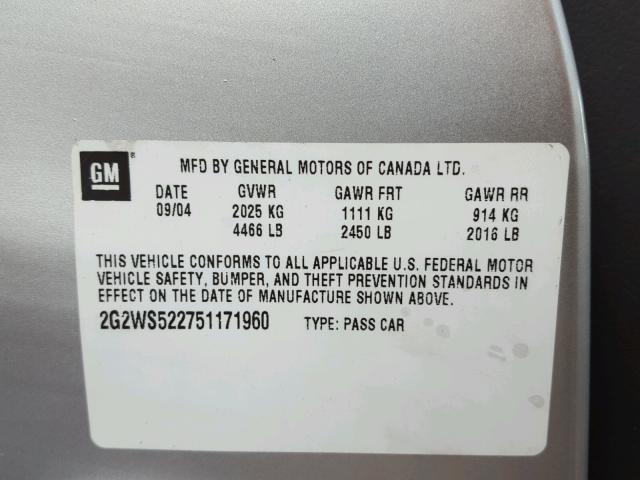 2G2WS522751171960 - 2005 PONTIAC GRAND PRIX SILVER photo 10