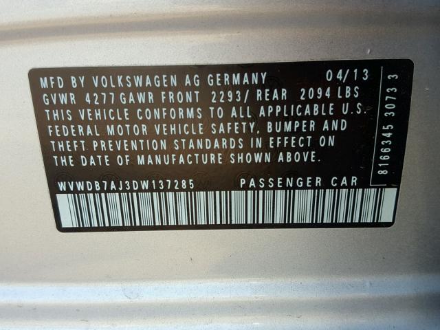 WVWDB7AJ3DW137285 - 2013 VOLKSWAGEN GOLF SILVER photo 10