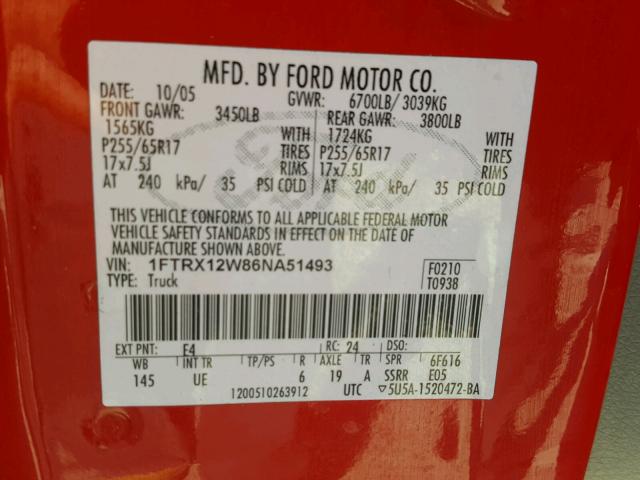 1FTRX12W86NA51493 - 2006 FORD F150 RED photo 10