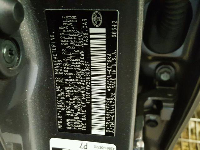 4T1BF1FK2GU600927 - 2016 TOYOTA CAMRY LE ნაცრისფერი ფოტო 10