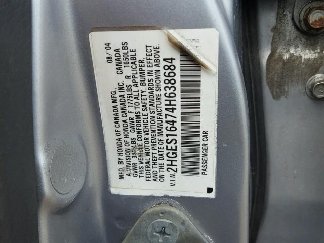 2HGES16474H638684 - 2004 HONDA CIVIC SILVER photo 10