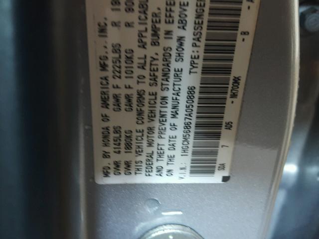 1HGCM56867A050886 - 2007 HONDA ACCORD EX SILVER photo 10