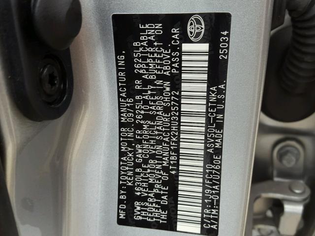 4T1BF1FK2HU325772 - 2017 TOYOTA CAMRY LE SILVER photo 10