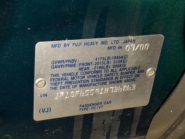 JF1SF65591H736863 - 2001 SUBARU FORESTER S GREEN photo 10