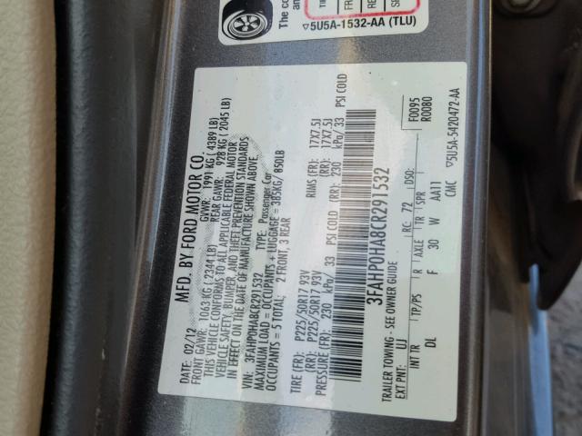 3FAHP0HA8CR291532 - 2012 FORD FUSION SE GRAY photo 10