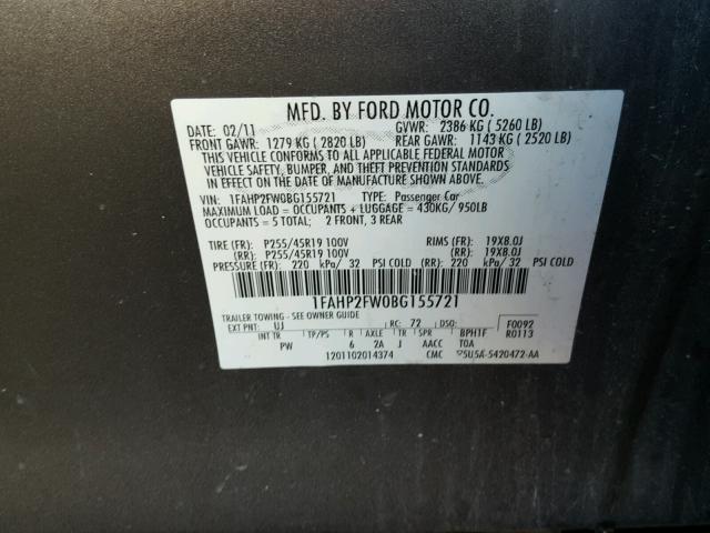 1FAHP2FW0BG155721 - 2011 FORD TAURUS CHARCOAL photo 10