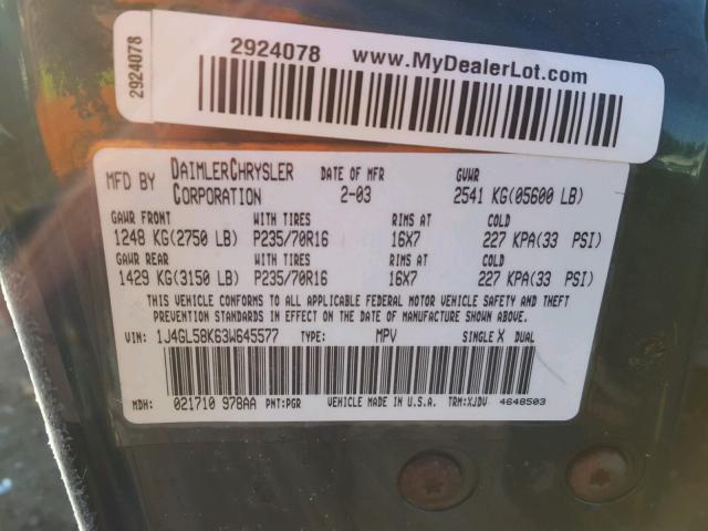 1J4GL58K63W645577 - 2003 JEEP LIBERTY LI GREEN photo 10