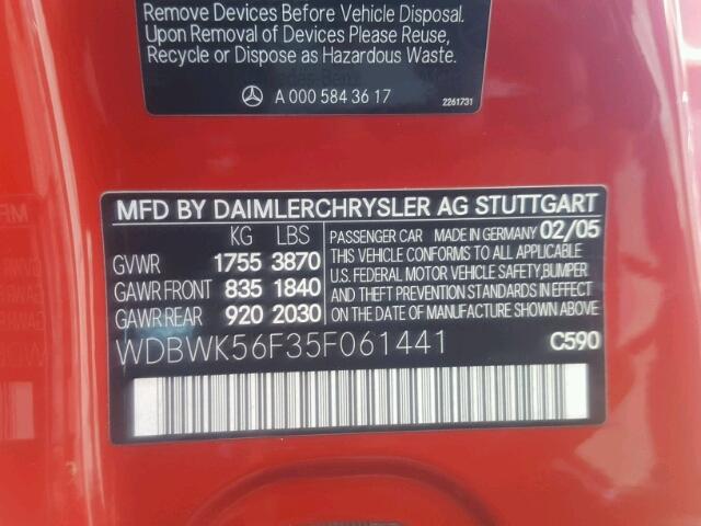 WDBWK56F35F061441 - 2005 MERCEDES-BENZ SLK 350 RED photo 10