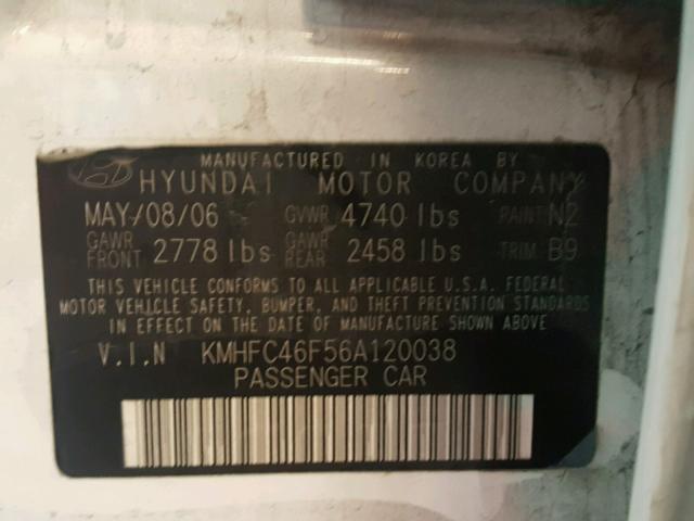 KMHFC46F56A120038 - 2006 HYUNDAI AZERA SE WHITE photo 10