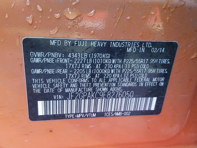 JF2GPAKC9E8276050 - 2014 SUBARU XV CROSSTR ORANGE photo 10