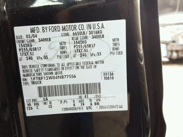 1FTRF12W04NB77556 - 2004 FORD F150 BLACK photo 10