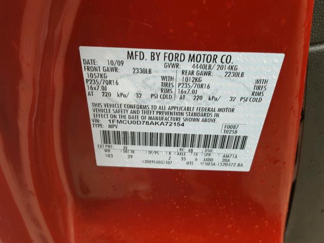 1FMCU0D78AKA72154 - 2010 FORD ESCAPE XLT RED photo 10