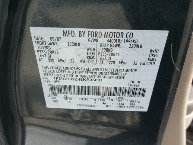 1FMCU02Z48KB35801 - 2008 FORD ESCAPE XLS GRAY photo 10