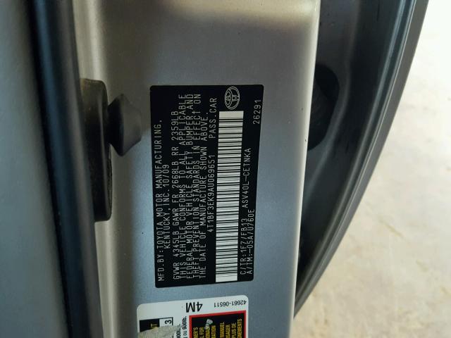 4T1BF3EK9AU069651 - 2010 TOYOTA CAMRY BASE SILVER photo 10